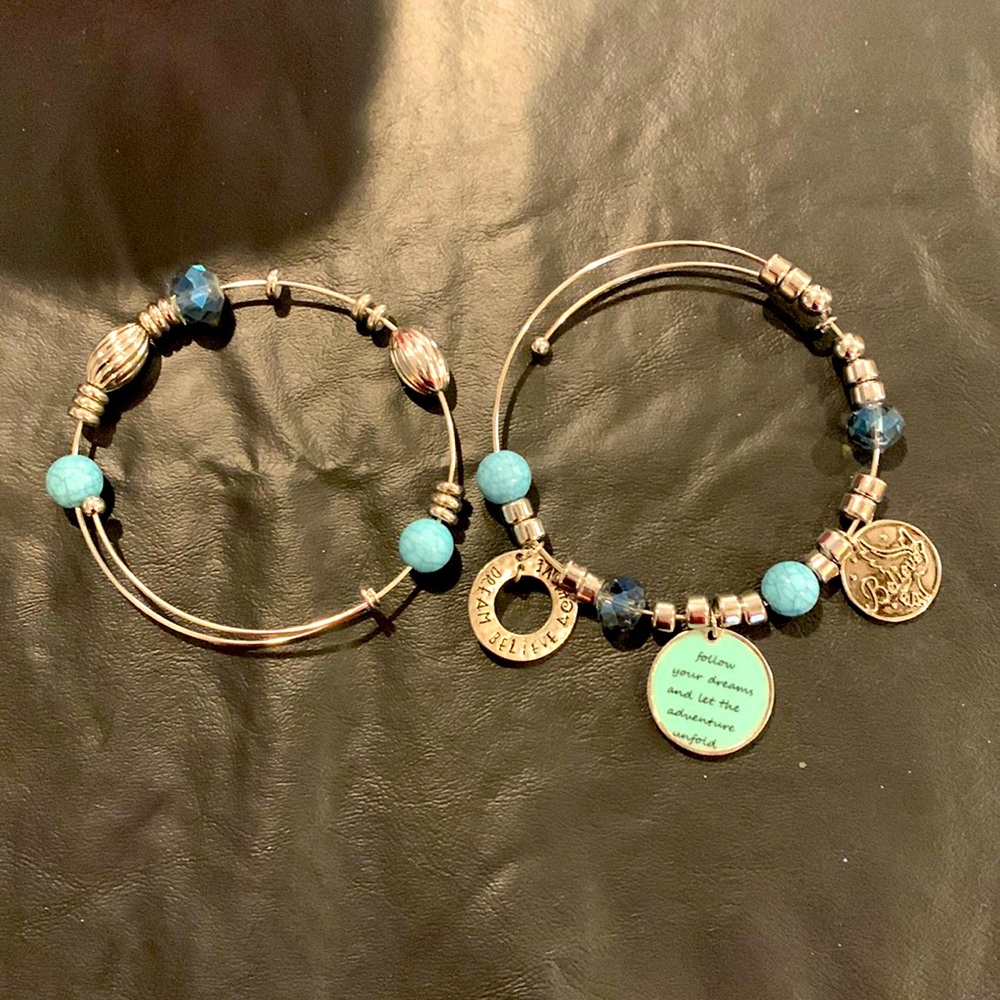 Costume set of 2 bracelets silver with blue  and silver beads/charms